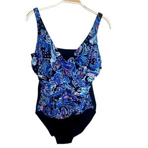NWOT Trimshaper Blue Paisley Black One Piece Swimsuit‎ Bathing Suit 14 Spring